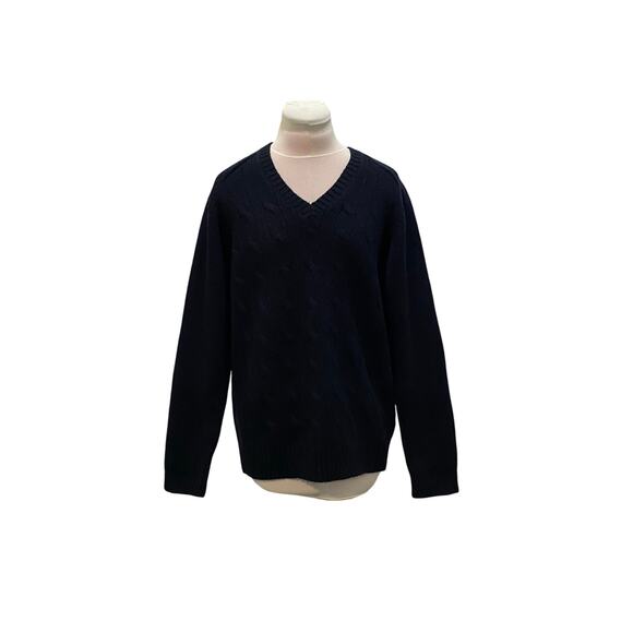 CARRAIG DONN IRELAND 100 Wool Navy Vneck Cableknit Sweater SMALL Preppy Academia - Picture 1 of 6